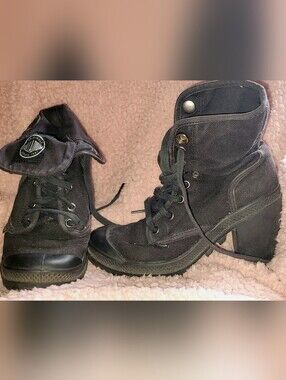 Palladium Black Lace-Up Canvas Ankle Boots with Block Heel